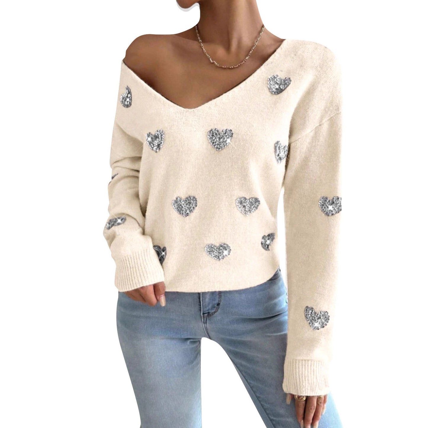 Damen Oversized Pullover V-Ausschnitt Herzmotiv