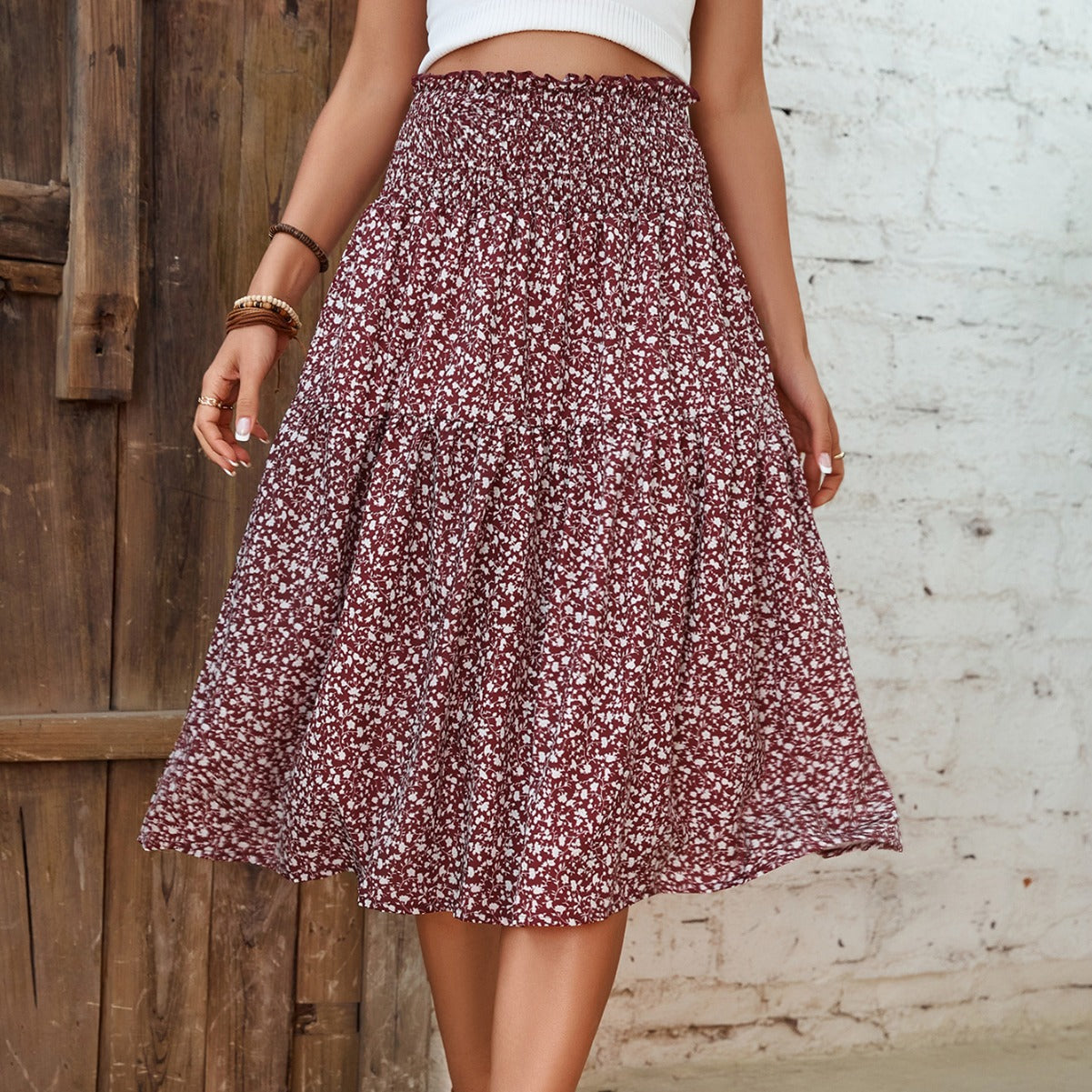 Damen Midirock Elastischer Taillenbund Florales Design - Norvielle