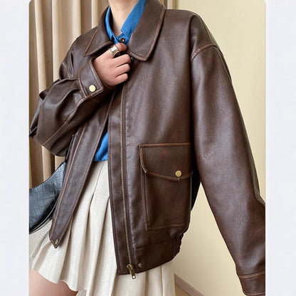 Damen Kunstlederjacke Lässig Mit Taschen