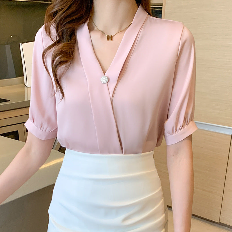 Damen Bluse V-Ausschnitt Dekorativer Knopf Norvielle