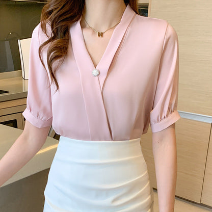 Damen Bluse V-Ausschnitt Dekorativer Knopf Norvielle