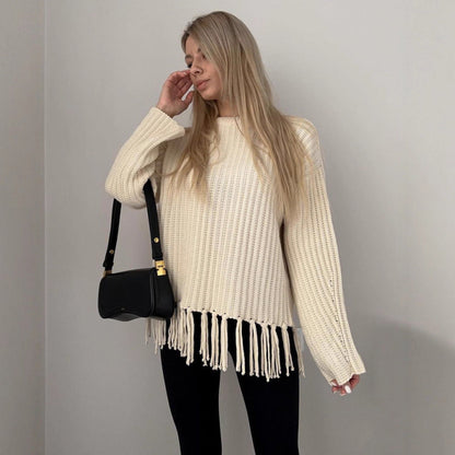 Damen Strickpullover Lässig Fransen Länge Ärmel Beige