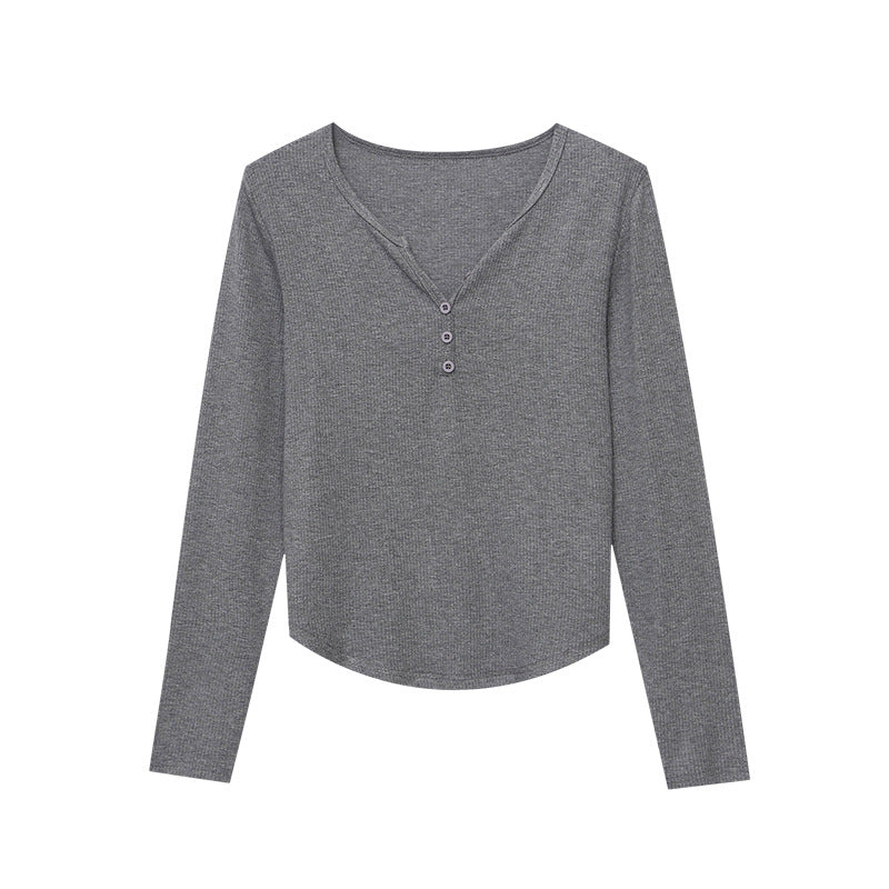 Damen Langarm-Henley-Shirt Weiches Rippmaterial Beige