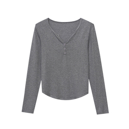 Damen Langarm-Henley-Shirt Weiches Rippmaterial Beige