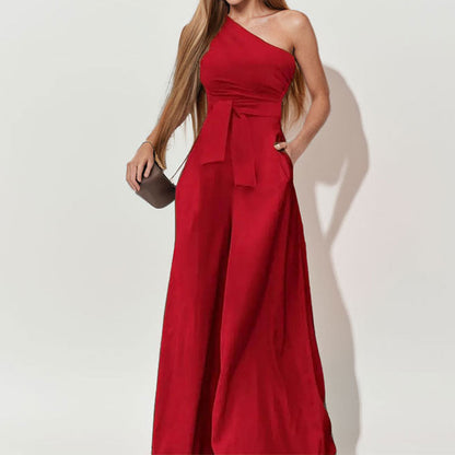 Damen One-Shoulder Jumpsuit mit Taillengürtel und weiten Beinen - Norvielle