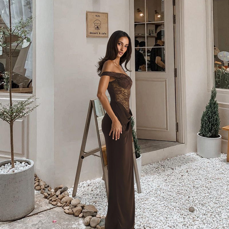 Damen Abendkleid Schulterfrei Spitze Fließend Norvielle