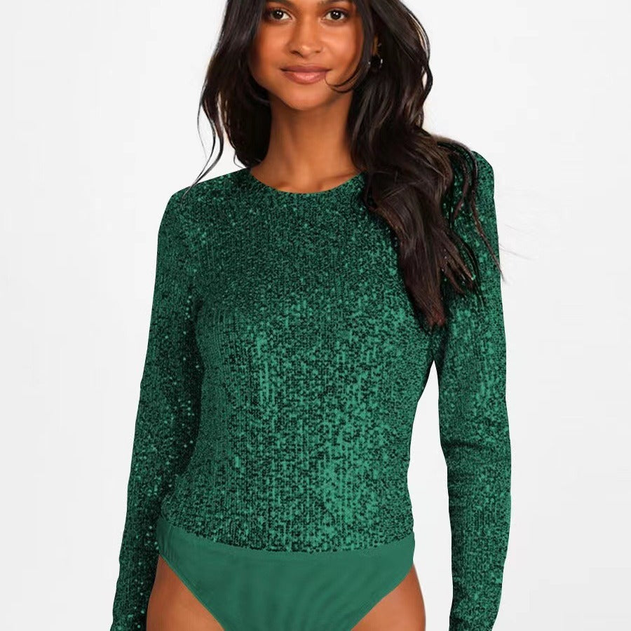 Damen Glitzerndes Bodysuit Längsärmig Schimmernder Stoff - Norvielle