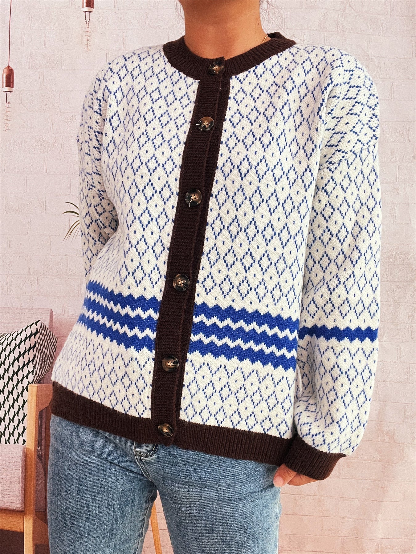 Damen Strickjacke Geometrisches Muster Elegante Knöpfe Beige