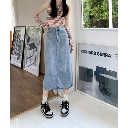 Damen Midi-Rock Denim Mit Schlitzen