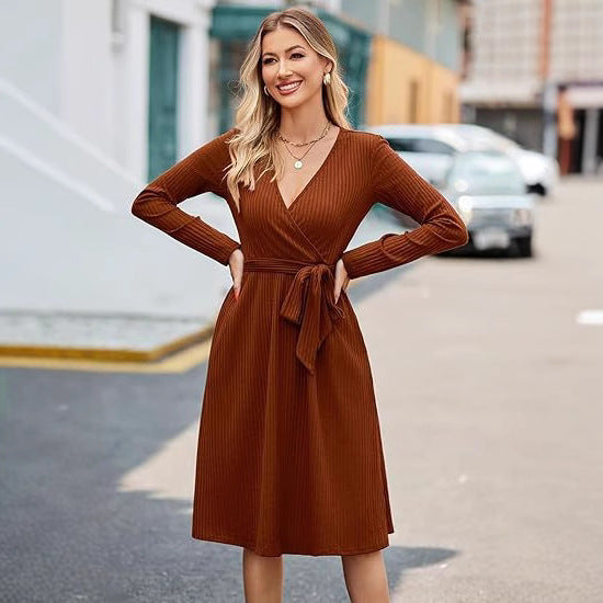 Damen Wickelkleid Längsstreifen Taillengürtel Norvielle