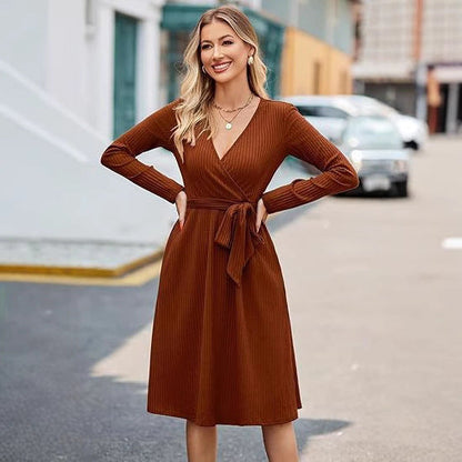 Damen Wickelkleid Längsstreifen Taillengürtel Norvielle