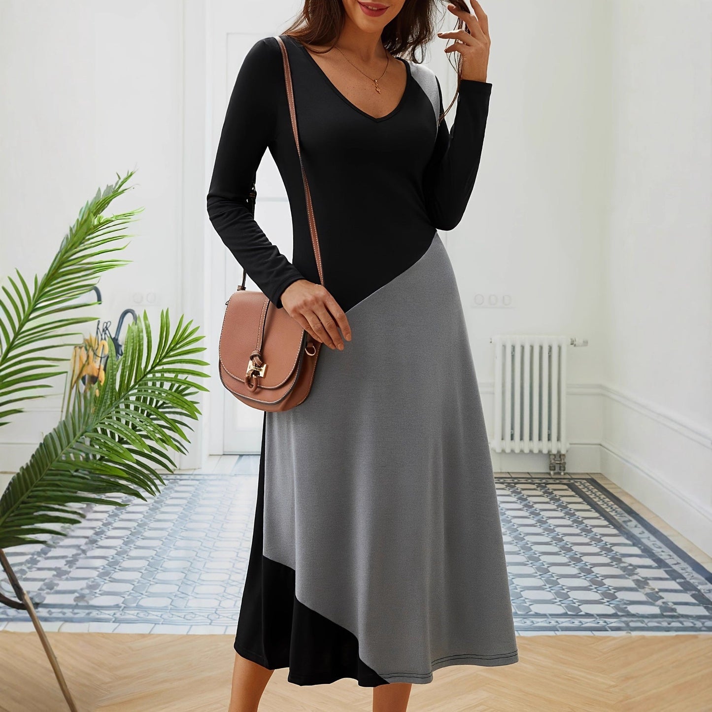 Damen Langarm-Kleid Figurbetont Moderner Schnitt Mehrfarbig
