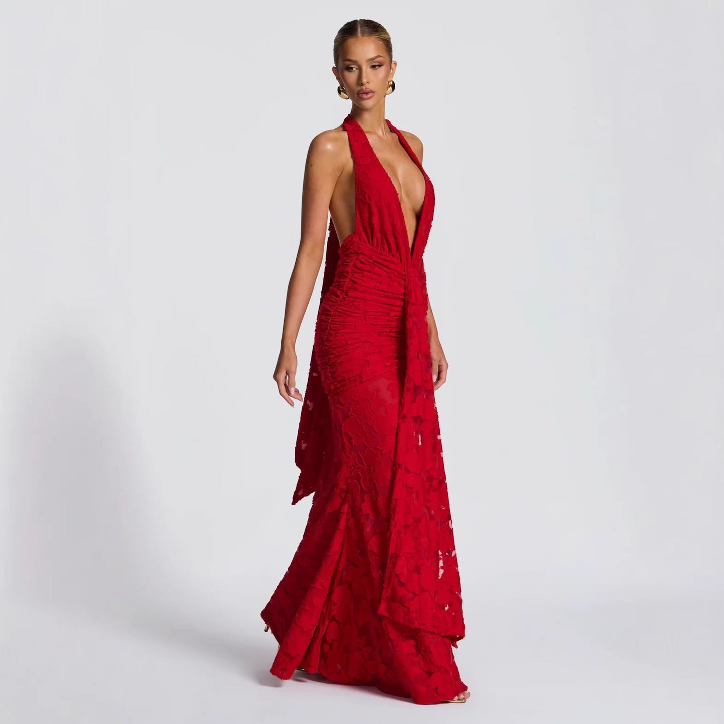 Damen Abendkleid V-Ausschnitt Geraffte Seide