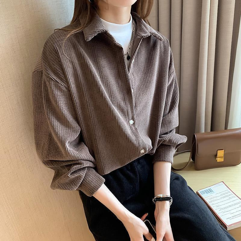 Damen Cord Bluse Langarm mit Knöpfen