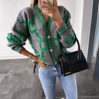 Casual V-Ausschnitt Cardigan Farbkontrast Strick