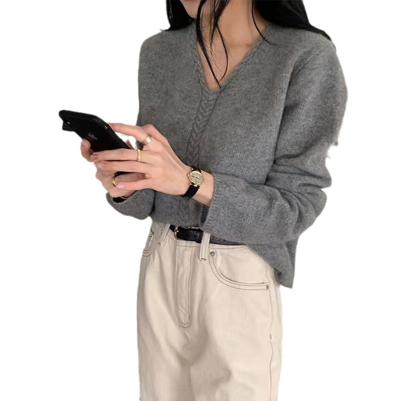 Damen Oversized Pullover V-Ausschnitt Feinstrick Weiß