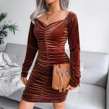 Damen Samt Minikleid Raffung Länge Knie Ärmel Lang