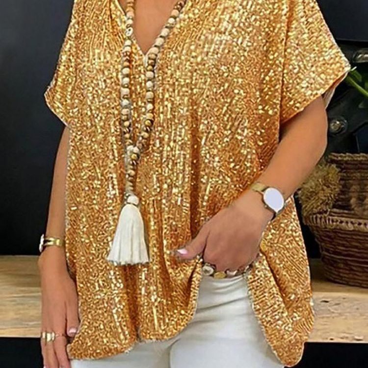 Damen Paillettentop Lässiger Schnitt V-Ausschnitt Glitzernd Norvielle - Norvielle