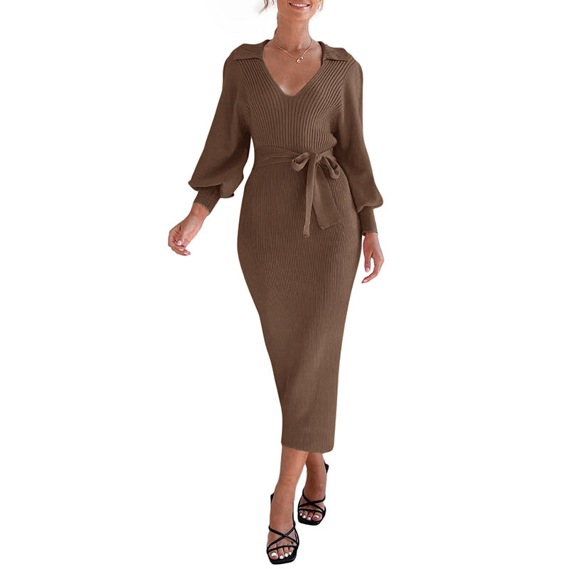 Damen Strickkleid V-Ausschnitt Elegantes Taillieren Norvielle