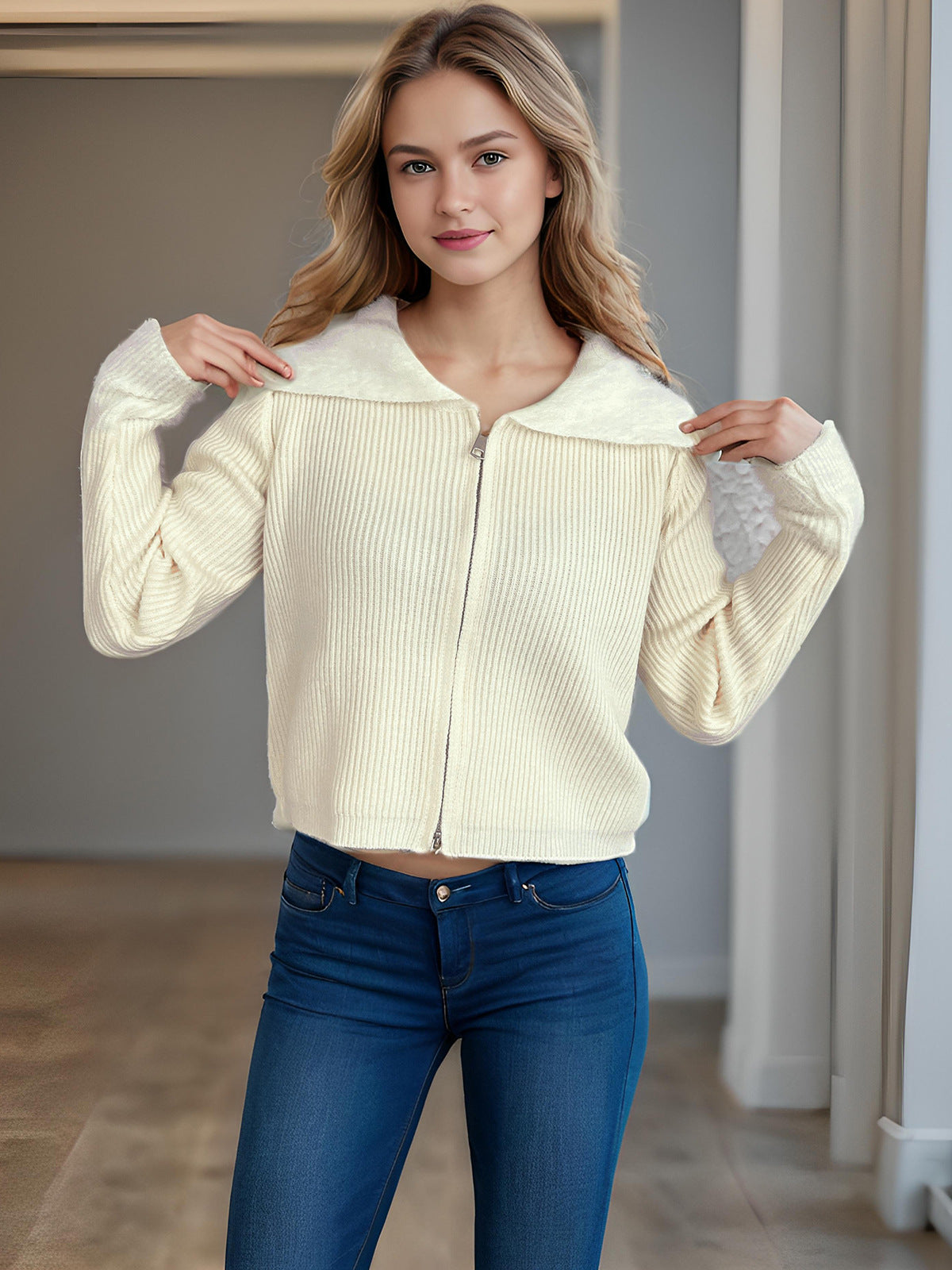 Damen Strickjacke mit Reißverschluss Norvielle Bequem Puffärmel