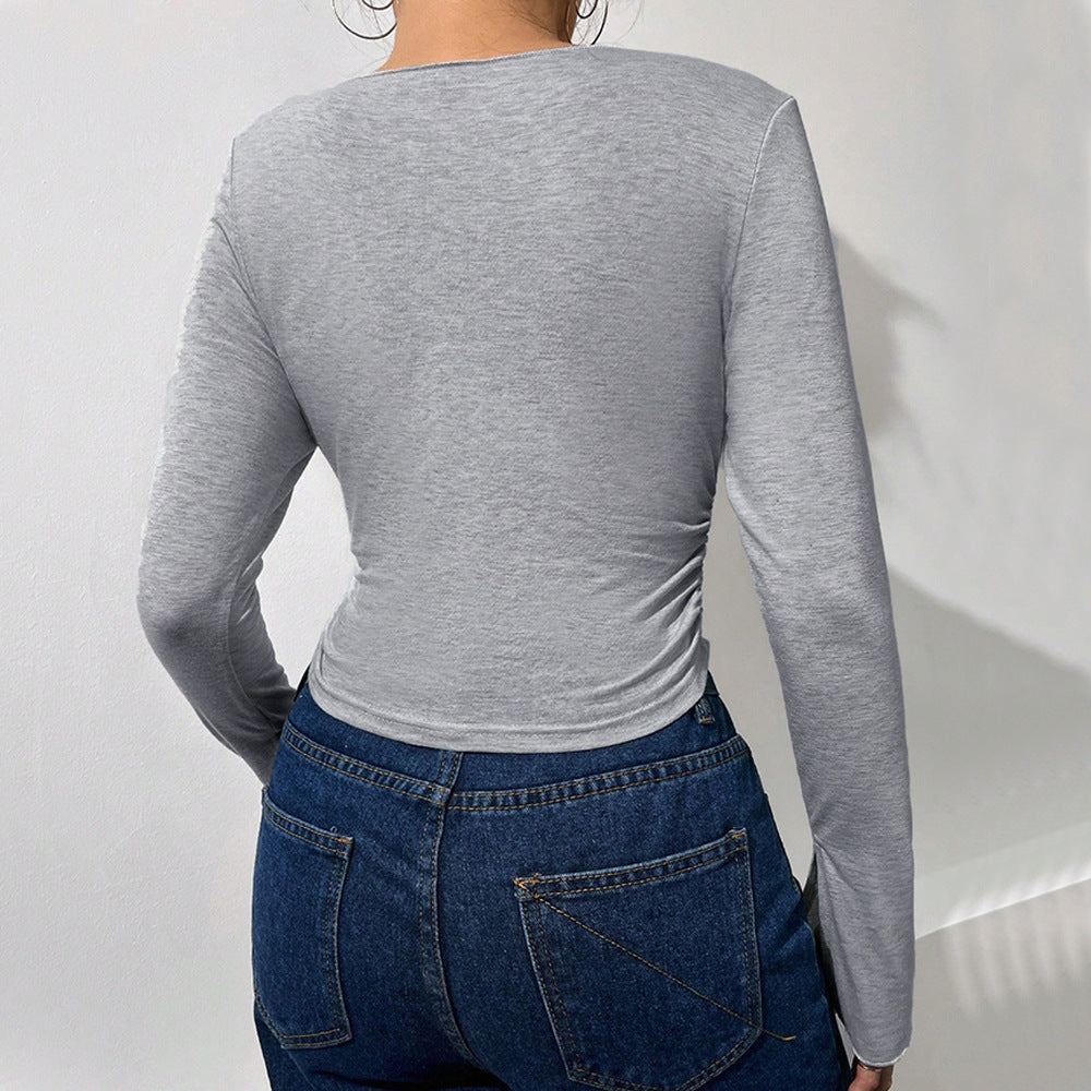 Damen Langarmshirt mit Trompetenärmeln und V-Ausschnitt