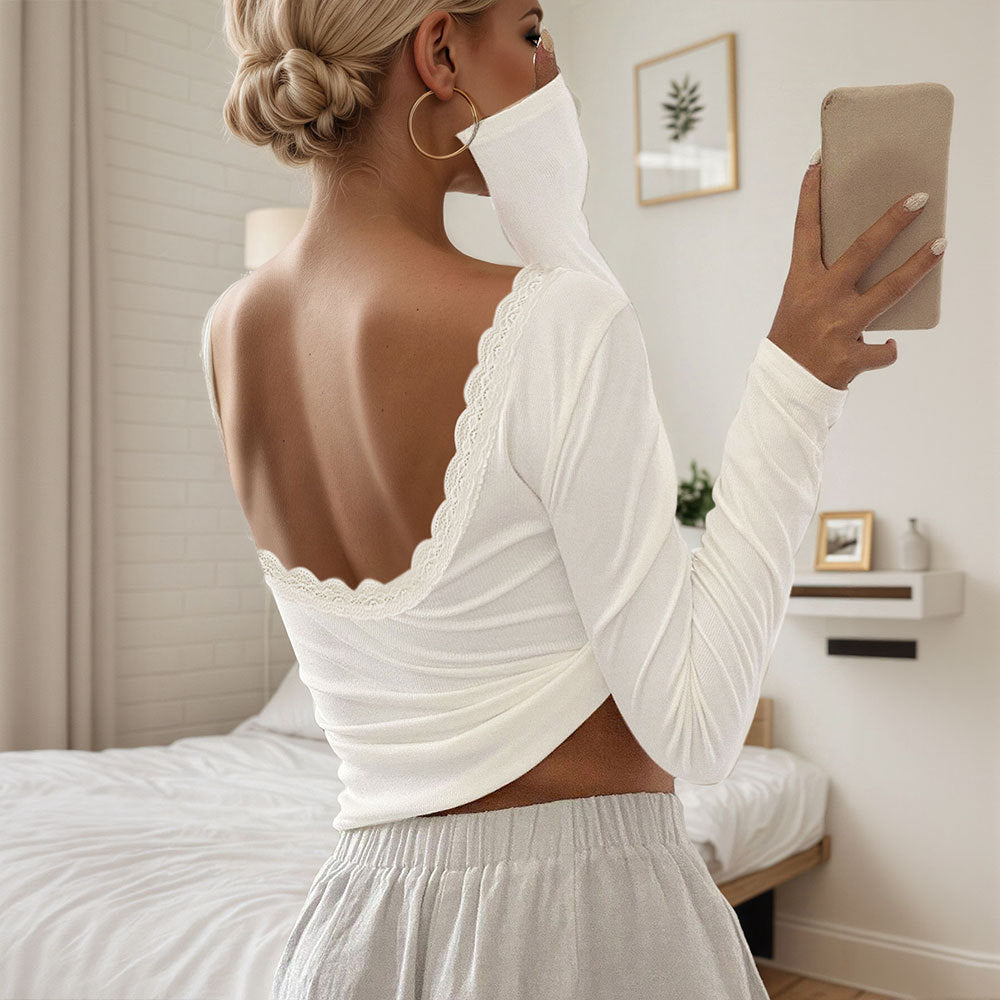 Damen Langarmshirt Spitzenverzierung Tiefes Rückenkleid Schwarz - Norvielle