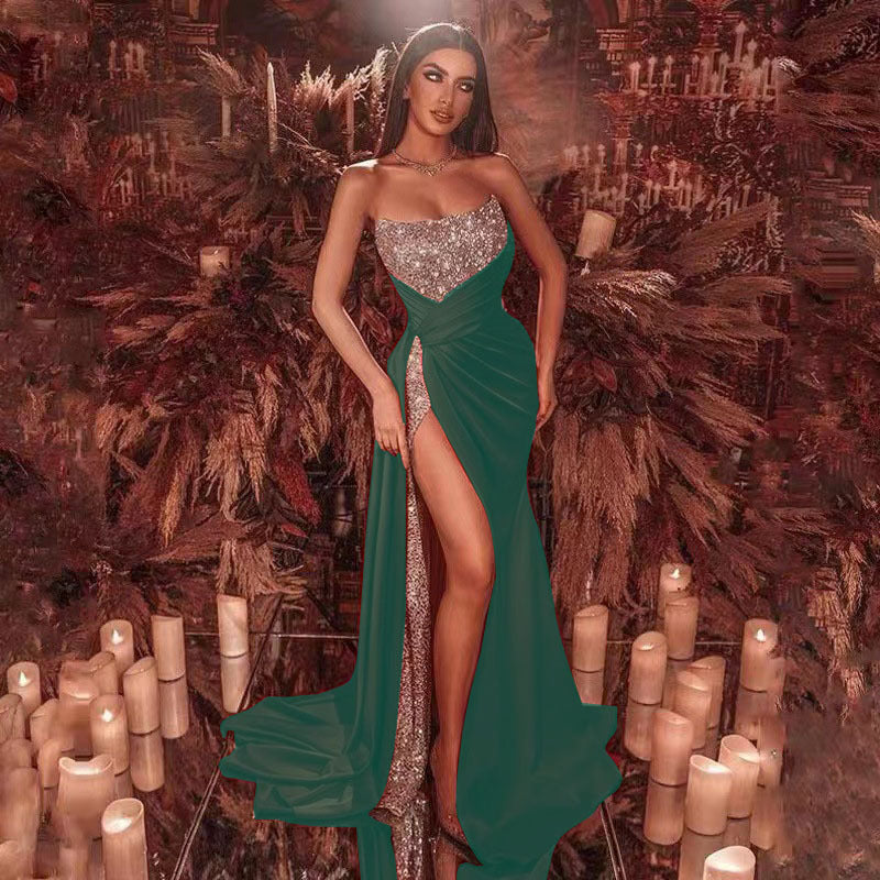 Damen Maxikleid mit Glitzeroberteil und hohem Beinschlitz