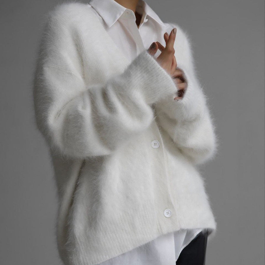 Damen Strickjacke Mohair-Mix V-Ausschnitt Knöpfe Anthrazit