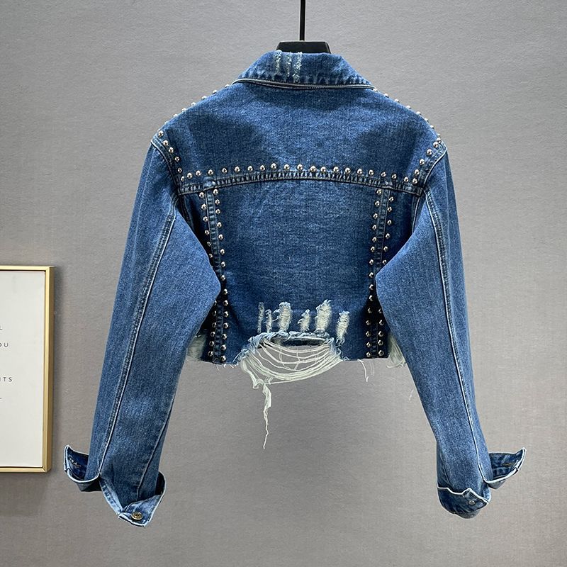 Damen Denimjacke Nieten Fransen