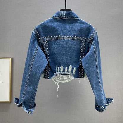 Damen Denimjacke Nieten Fransen