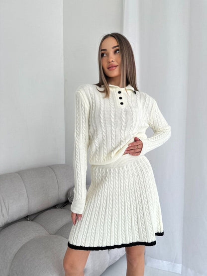 Damen Strickkleid Kragen Zopfmuster