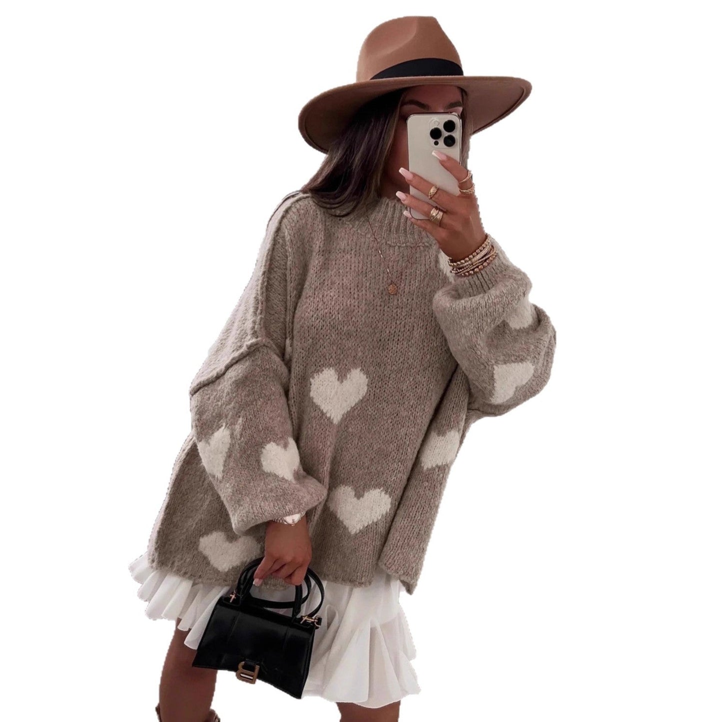 Damen Oversized-Pullover Herz-Muster Voluminöse Ärmel Norvielle