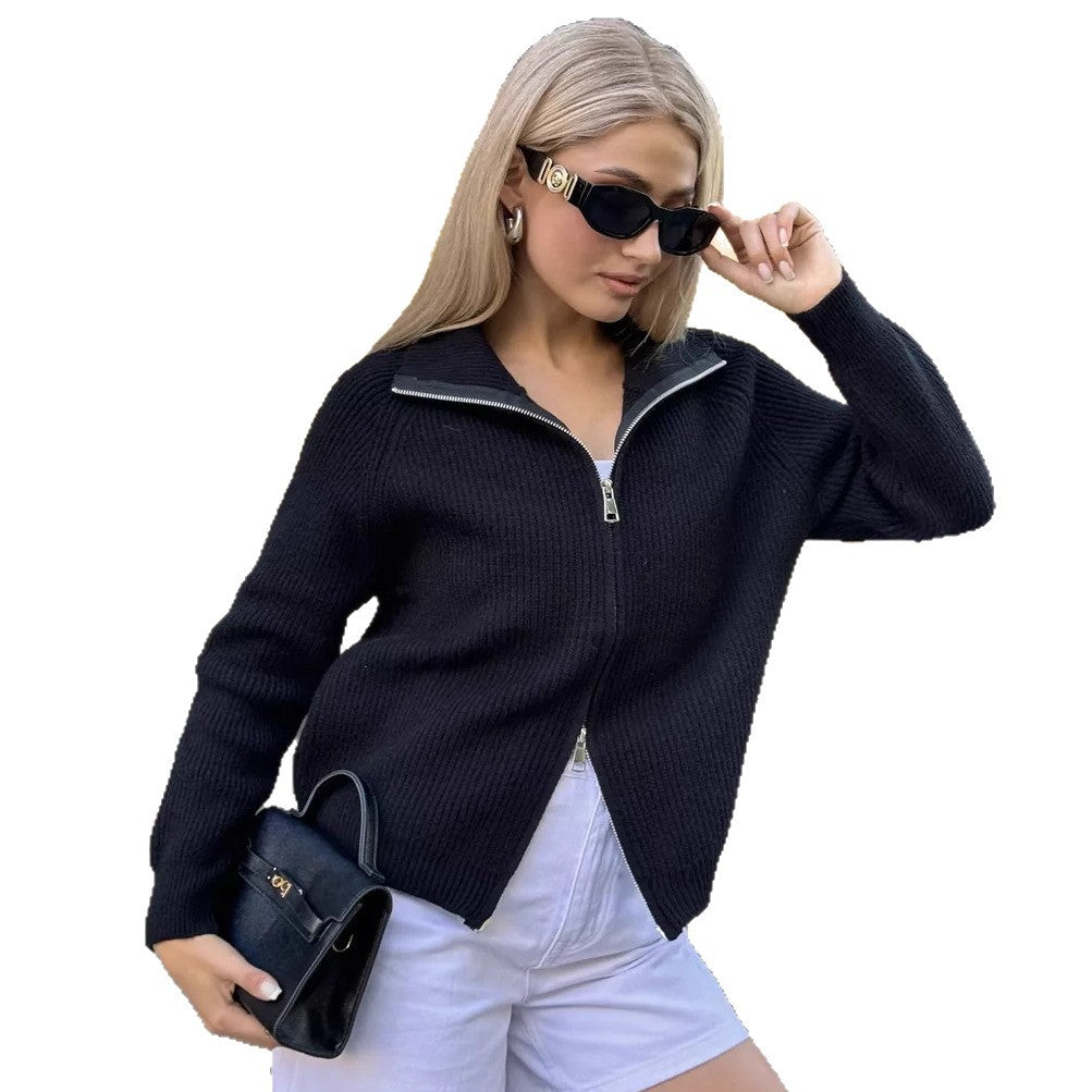 Damen Grobstrickpullover Norvielle Hochkragen Reißverschluss Beige