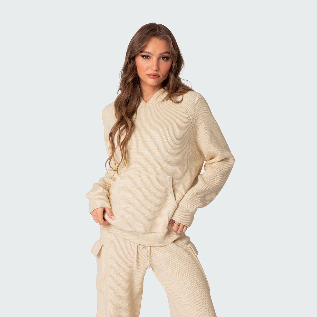 Damen Pullover mit Kapuze Rippstrick Bequem