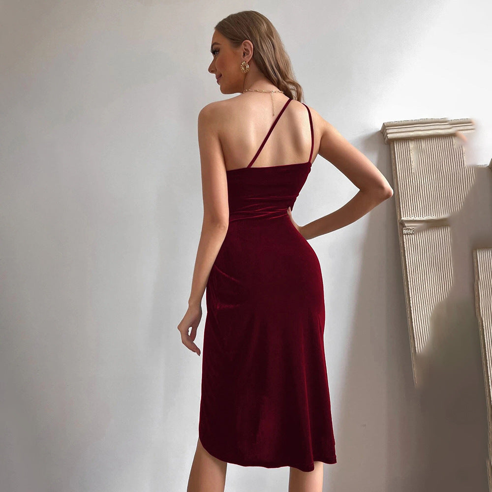 Damen Minikleid Samt Asymmetrischer Ausschnitt