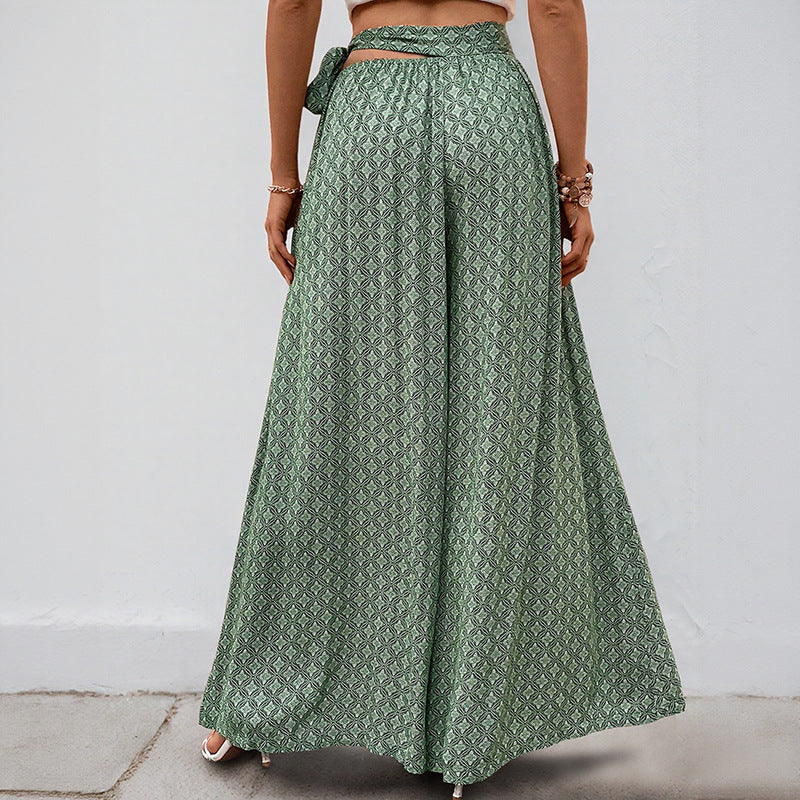Damen Palazzo-Hose mit Bindegürtel und Print