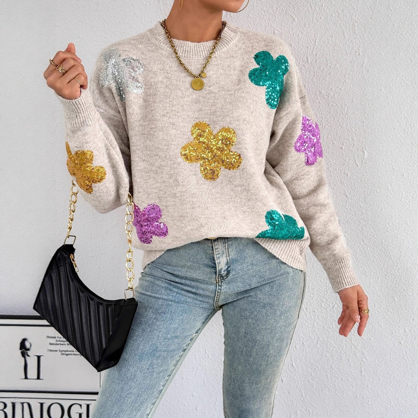 Damen Oversized Pullover Glitzer Floralmuster Norvielle - Norvielle