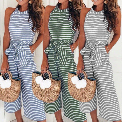 Damen Jumpsuit Streifenmuster Taillengürtel Elegant