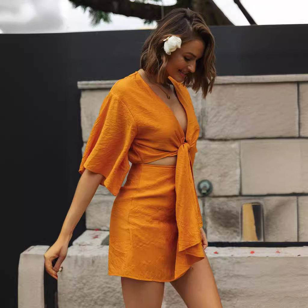 Damen Kurzarm-Kleid mit Knoten-Design und fließendem Stoff Norvielle