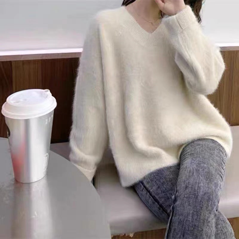 Damen Mohair Pullover Flauschig V-Ausschnitt Beige