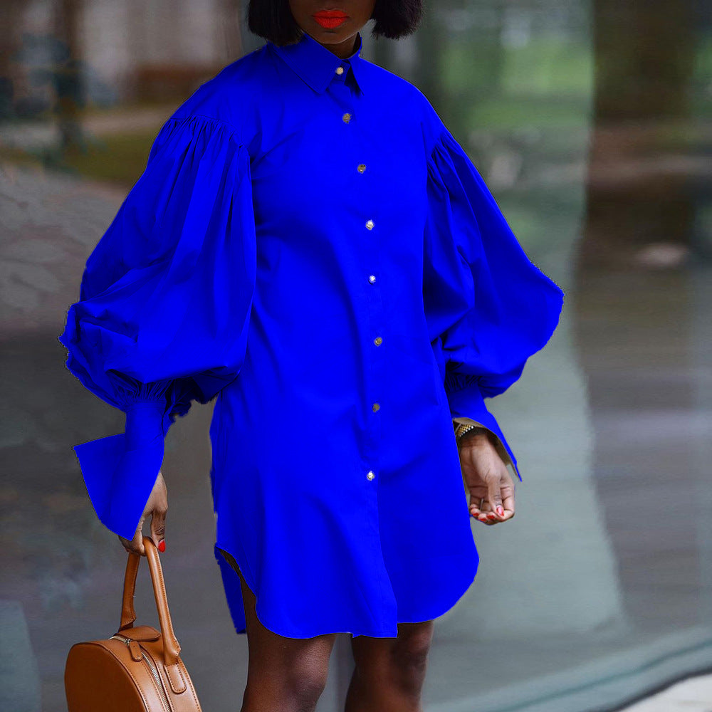 Damen Oversize Hemdblusenkleid Voluminöse Ärmel Knöpfe