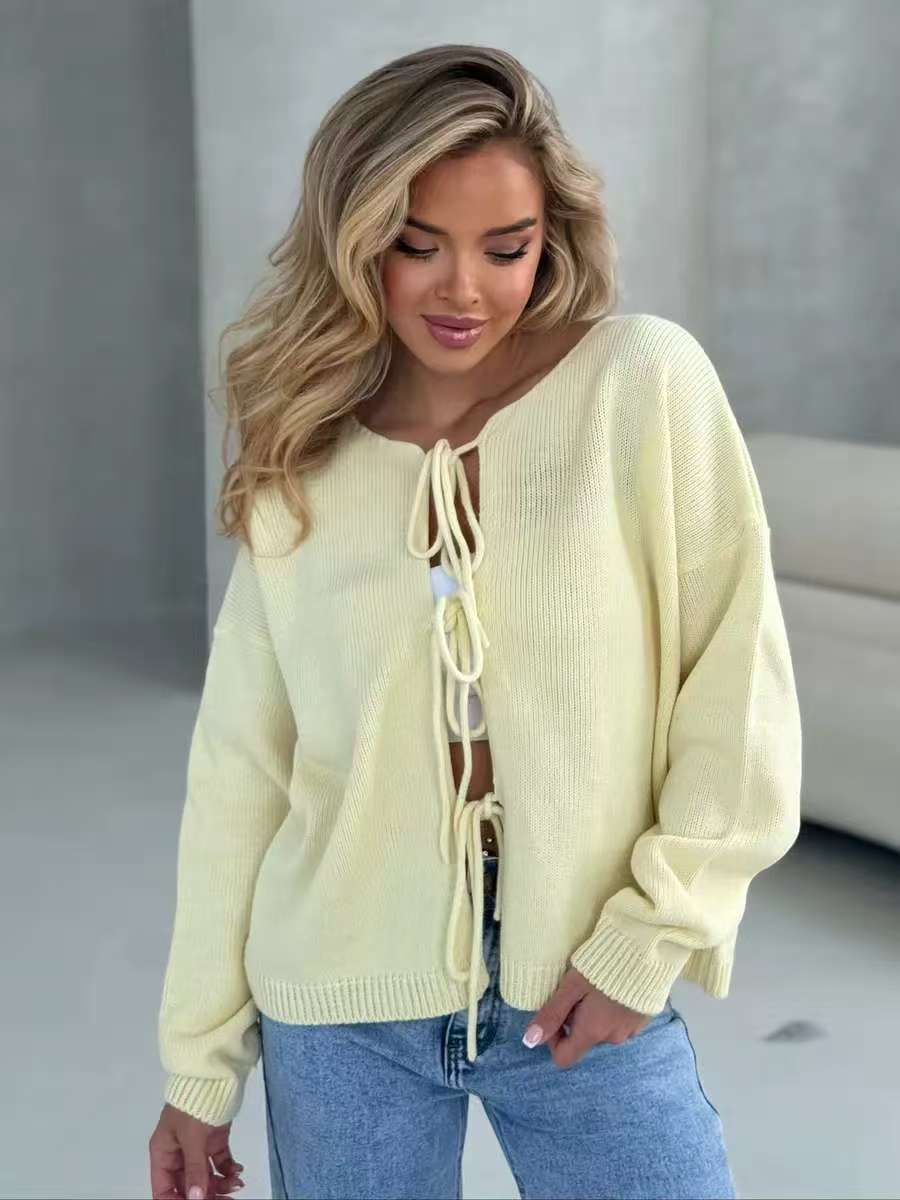 Damen Strickpullover Weit Schnitt Dekorative Schnürung Beige