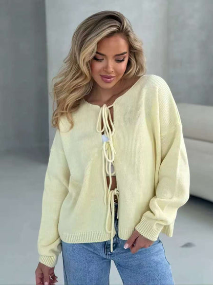 Damen Grobstrickpullover Lässiger Schnitt Mit Bindebändern Beige