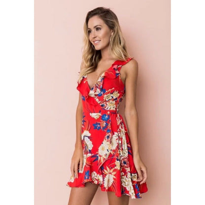 Damen Mini-Kleid Floralmuster Rüschen-Ausschnitt Tailliert