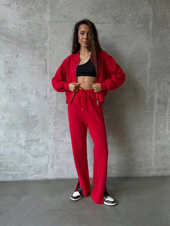 Damen Fleece Jogginganzug Hoher Kragen Eingrifftaschen