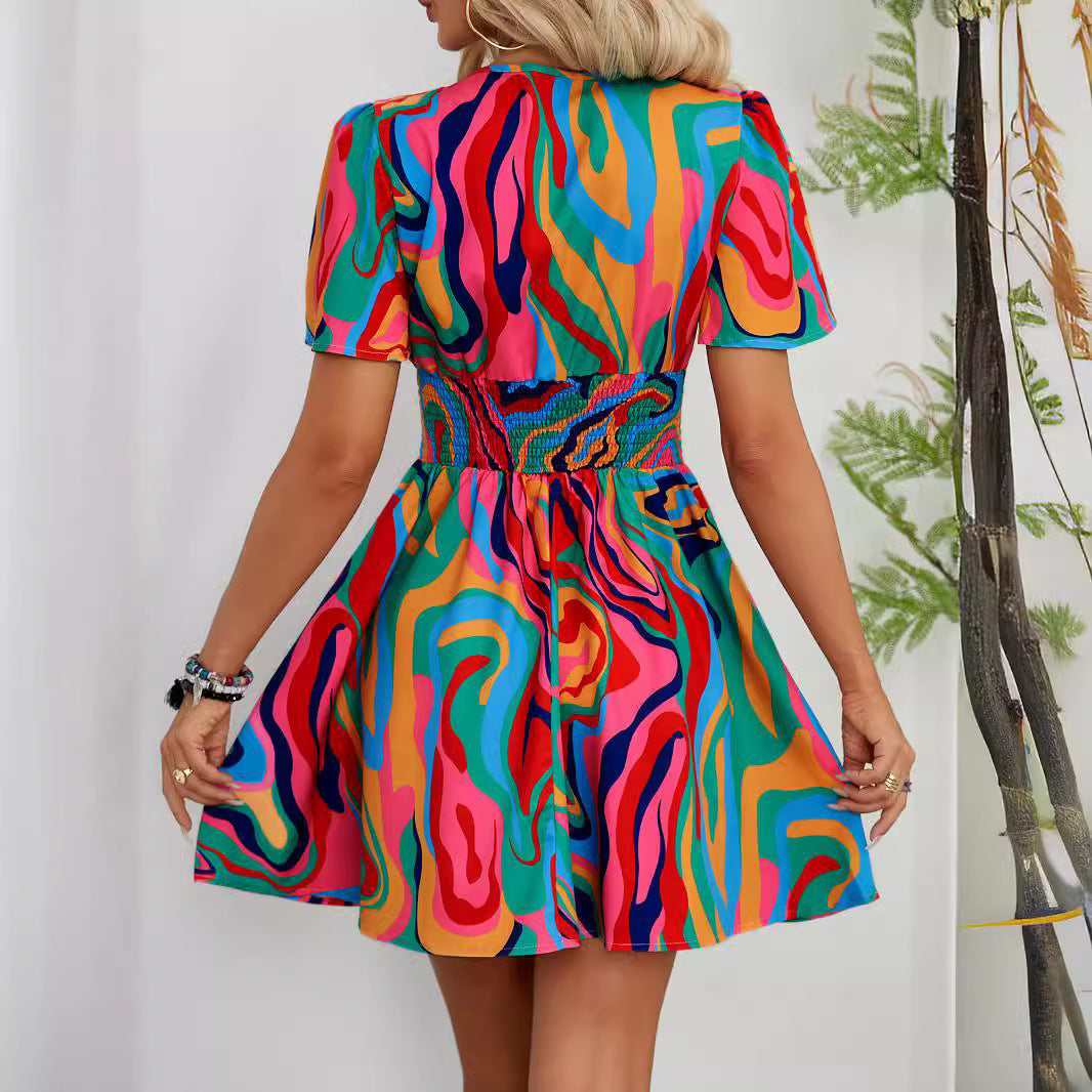Damen Kurzarmkleid Wellenmuster Tailliert Norvielle