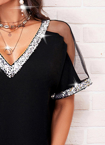 Damen Freizeitkleid V-Ausschnitt Transparent Schulterpartie