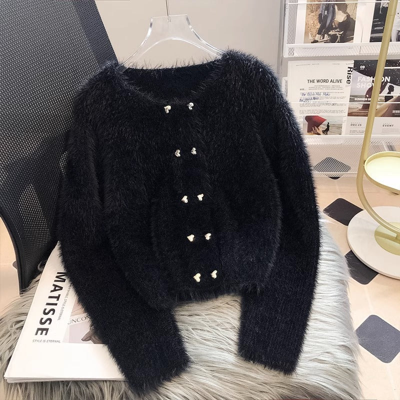 Damen Fluffy Cardigan Herzknöpfe Norvielle