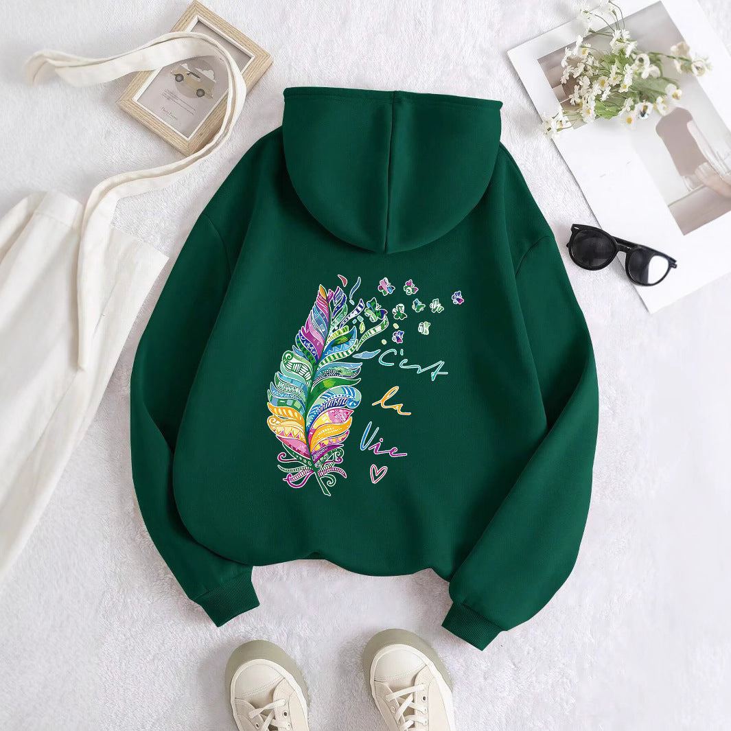 Damen Kapuzenpullover Bunt Federmuster