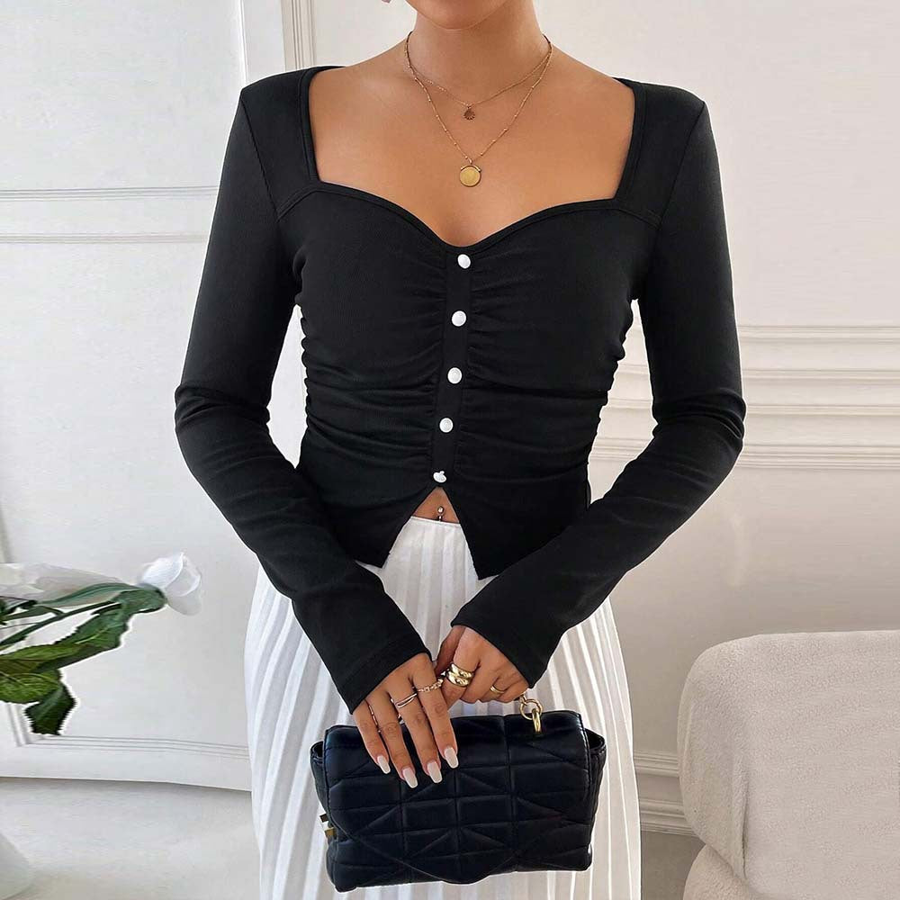 Damen Crop- Langarm Raffdesign Dekorativer Knopf Detail Blütenweiß - Norvielle